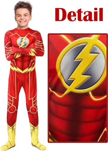 Vista 3 de Dokiory Disfraz de superhéroe rojo para niños, disfraz de superhéroe rojo para cosplay, overol para niños de 3 a 12 años