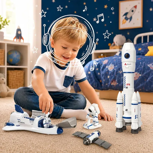 Vista 6 de Space Rocket Ship Juguetes Set para niños 3-5 5-7 con aerosol, luces