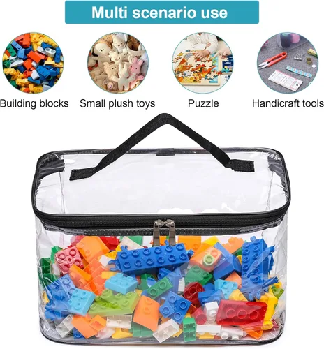 Vista 4 de Paquete de 4 bolsas de almacenamiento grandes transparentes para juguetes con etiqueta de nombre, funda organizadora de juguetes de PVC impermeable