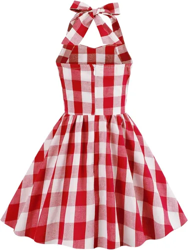 Vista 3 de Vestido vintage para niñas pequeñas, a cuadros, cuello halter, acampanado, vestido retro de cóctel, vestido de noche, disfraces de graduación
