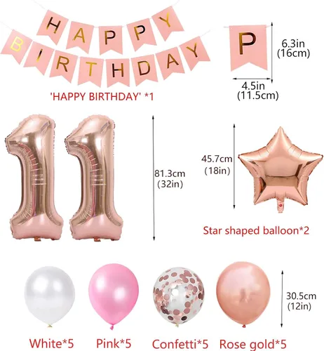 Vista 4 de Globos de fiesta de cumpleaños número 11 para niñas, pancarta de cumpleaños número 11, globos de papel de aluminio de color oro rosa con el número