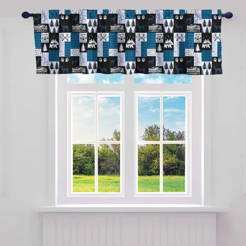 Vista 8 de Cortinas de cenefa de cabaña estilo retro, color negro y rojo, rayas de madera, cenefas de ventana para niños, adolescentes y adultos, oso salvaje