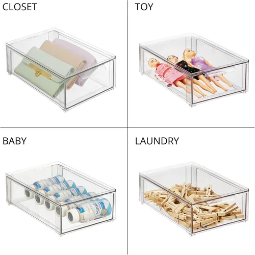 Vista 7 de mDesign Lumiere Collection - Organizador apilable de plástico con cajón extraíble para gabinete, tocador, estante, armario, armario u organización