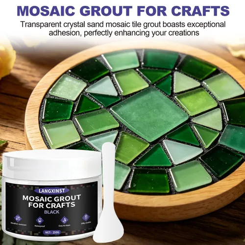 Vista 4 de Lechada de mosaico negro de 9 onzas, kit de lechada de mosaico con purpurina, arena de cristal transparente, fórmula impermeable, fácil de aplicar