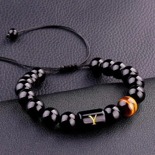 Vista 124 de SUMMER LOVE Regalos para el Día del Padre, pulsera con inicial de piedra de ónix negro de 0.394 pulgadas para hombres, pulsera de cuerda trenzada