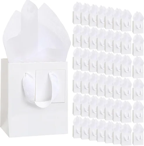 Vista 22 de Qilery 50 bolsas de regalo de papel de boda a granel con papel de seda, pequeñas bolsas de regalo con asa y etiquetas para cumpleaños, bodas