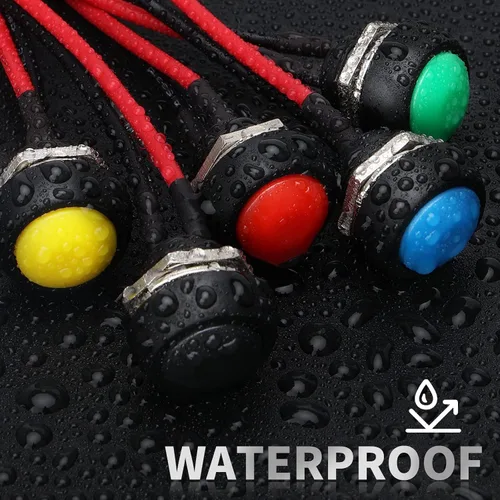 Vista 5 de STARELO 6 interruptores de botón momentáneos de 0.472 in, mini interruptor redondo impermeable SPST 3A 125V AC 2Pin 1NO con cable pre-soldado Negro