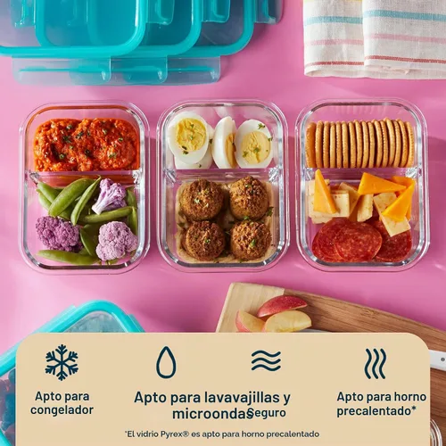 Vista 7 de Pyrex Caja de comida de vidrio (paquete de 5, 2.3 tazas), compartimentos Para preparar comidas y porciones, sin BPA, apto para microondas