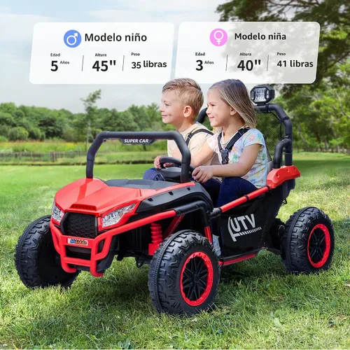 Vista 2 de Hikiddo 24V Kid UTV, coche eléctrico de 2 plazas para niños grandes 3-8 con control remoto Rojo oscuro