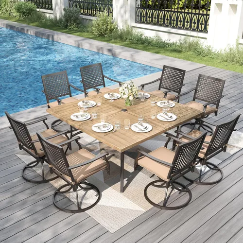 Vista 25 de PHI VILLA Juego de comedor al aire libre de 5 piezas para 4, sillas apilables con cojines y mesa cuadrada de madera de 37 pulgadas con agujero
