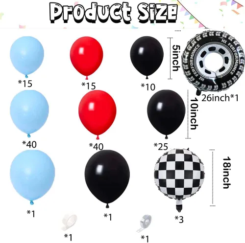 Vista 2 de Kit de guirnalda de arco de globos de auto de carreras, 151 piezas de látex rojo azul y globos de neumáticos de rueda a cuadros para autos