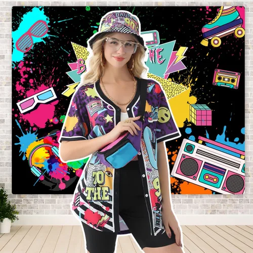 Vista 5 de Traje de los años 80 y 90 para mujer, camiseta de béisbol, pantalones cortos, riñonera, disfraz de fiesta retro, accesorios de representante