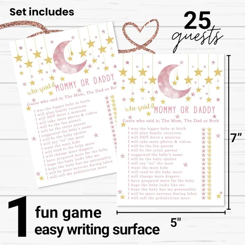 Vista 2 de Paper Clever Party Twinkle Little Star - Juego de baby shower para niñas, 25 tarjetas de juego de Adivina quién mamá o papá, divertidas actividades