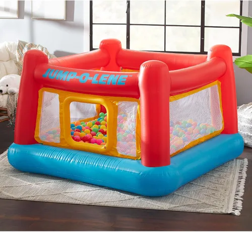 Vista 7 de Intex Jump-O-Lene - Casa inflable de rebote para cama elástica con puerta de arrastre y pequeña bola de plástico multicolor divertida para hoyo