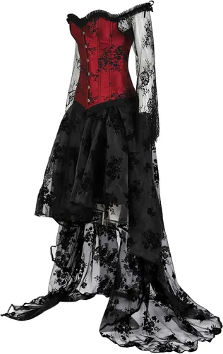 Vista 3 de Corsés rojos para mujer, vestido negro, corsé renacentista de princesa
