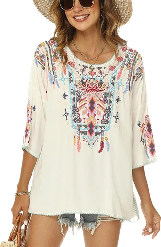 Vista 4 de Higustar Blusas bordadas mexicanas para mujer, estilo bohemio, estilo bohemio, tallas grandes, ropa campesina, blusas