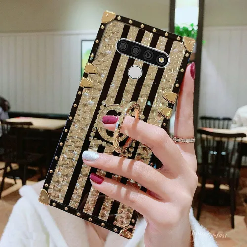 Vista 5 de Funda para LG Stylo 4 / Stylo 4 Plus 4+, a la moda, con purpurina dorada, funda de maletero de TPU suave con anillo para el dedo, soporte