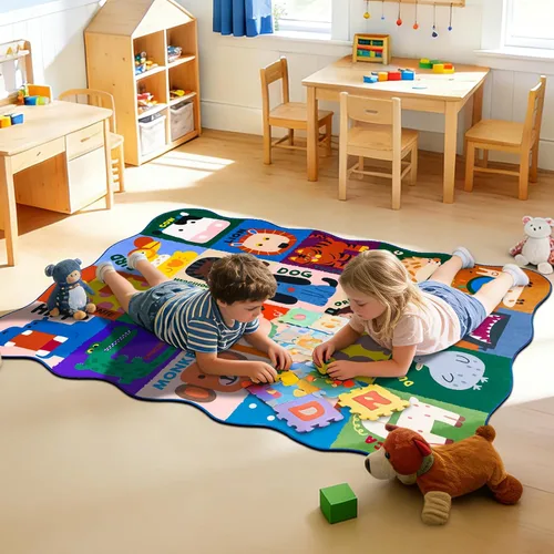 Vista 8 de Alfombras infantiles para sala de juegos, 3 x 5 pies, alfombra de área ultra antideslizante, alfombra de juego lavable, bonita alfombra de animales