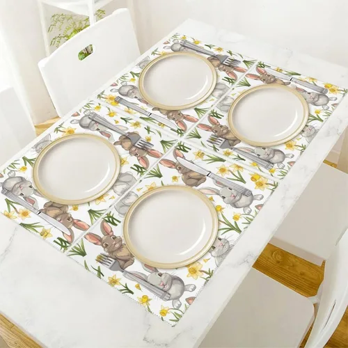 Vista 5 de Beautiful Flowers Bunny Placemats Set of 6 Resistant Table Mats Washable Place Mats for Dinner Party Table Decoration