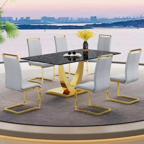 Vista 33 de Juego de mesa de comedor negra para 4, 63 x 35.4 x 30 pulgadas, mesa de comedor moderna rectangular con patas y base de acero inoxidable, sillas