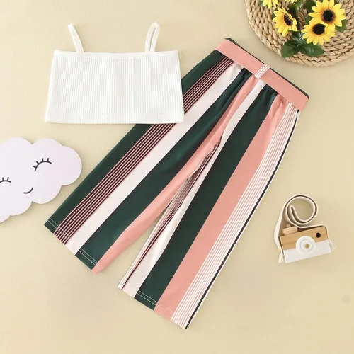 Vista 4 de Conjunto de ropa para niñas pequeñas, ropa de verano a la moda, chaleco, pantalones a rayas, 2 piezas, traje de Pascua