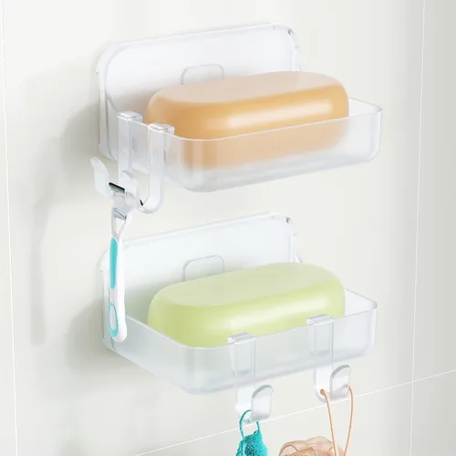 Vista 10 de Orimade Jabonera de montaje en pared con 4 ganchos, jabonera transparente autoadhesiva sin taladrar para ducha y baño, drenaje rápido a prueba