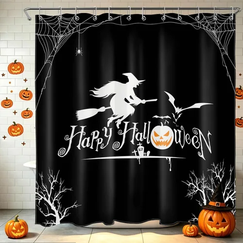 Vista 53 de HVEST Cortina de ducha con ganchos, calabaza espeluznante y fantasma con sombrero de bruja negro, juego de cortina de ducha naranja con flores