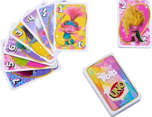 Vista 3 de Mattel Games UNO Trolls 3: Juego de cartas Band Together para niños, adultos y noche de juegos con personajes de Trolls y regla especial