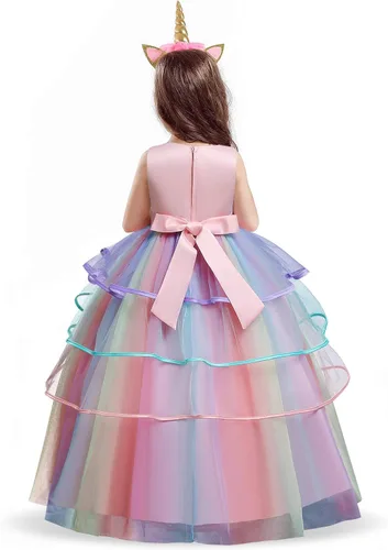 Vista 3 de NNJXD Girls Unicorn Dress Rainbow Fancy Princess Costume Tulle Party Dresses
