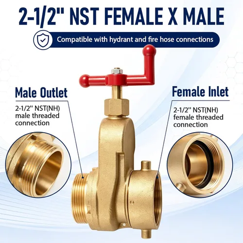 Vista 3 de Hicarer Válvula de compuerta de boca de incendios de 2-1/2", válvula de hidrante de latón de 230 PSI con conexión de rosca hembra x macho NST/NH