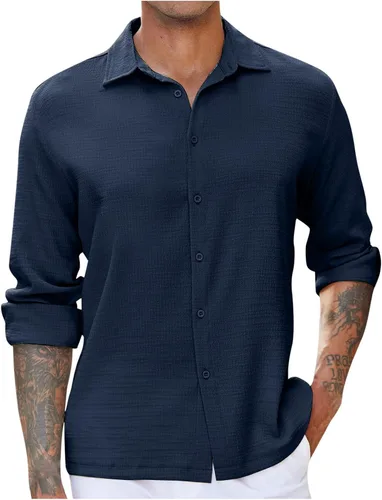 Vista 6 de Camisas de vestir para hombre, sin arrugas, ajuste regular, de manga larga, con botones, casual, a la moda, con cuello sólido