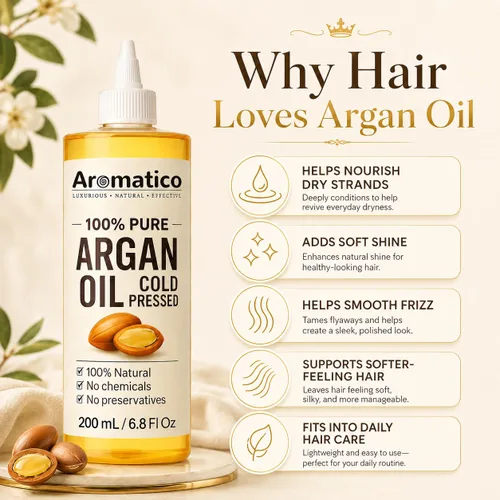 Vista 4 de Aromatico 100% Pure Argan Oil 7 fl oz – Lightweight, Non-Greasy Hair & Skin Oil for Smooth, Shiny Hair & Deep Moisture – Cold Pressed Multipurpose