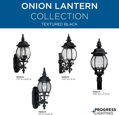 Vista 2 de Progress Lighting Onion Lantern Collection - Farol de pared tradicional de cristal biselado transparente con 3 luces, color negro