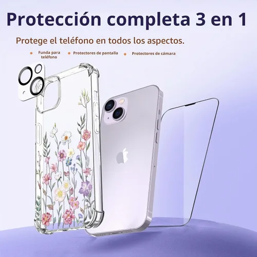 Vista 5 de Funda para iPhone 14, [3 en 1] con protector de pantalla y protector de lente de cámara, diseño de patrón de flores, transparente, suave, a prueba