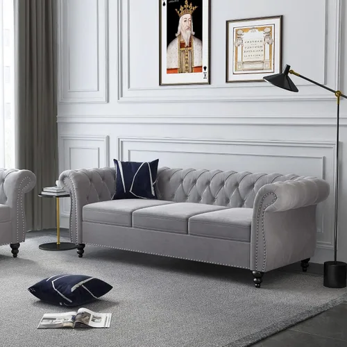 Vista 5 de ORRD Sofá Chesterfield, moderno sofá de terciopelo copetudo de 3 plazas con brazos de desplazamiento y cabeza de clavos para sala de estar