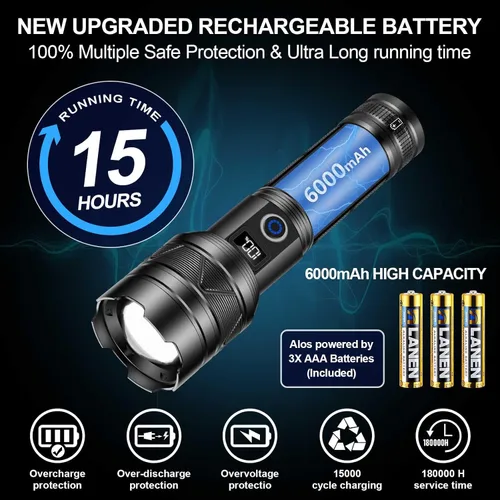 Vista 8 de Linternas recargables de 10000 lúmenes altos, largo alcance, 5000 pies, linterna LED súper brillante USB C, alta potencia, multifuncional