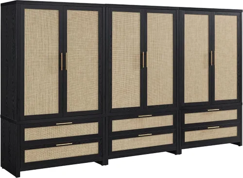 Vista 10 de SICOTAS Armario Ropero Gabinete de Ratán, Gabinete de Almacenamiento de 71" con Puertas, 2 Cajones y Barra Colgante, Organizador de Ropa Boho Roble