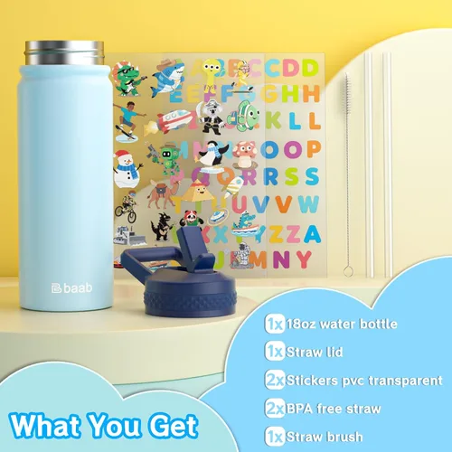 Vista 7 de baab Botella de agua para niños de 18 onzas, botella de agua aislada con popote y calcomanías, taza con popote de agua para niños de acero