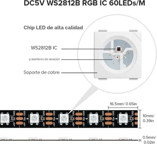 Vista 3 de SEZO WS2812B ECO Tira de luz LED 16.4 pies/5M 60 LED/m 300 píxeles, direccionable individualmente, programable, 5050SMD, RGB, aleación, cables Negro