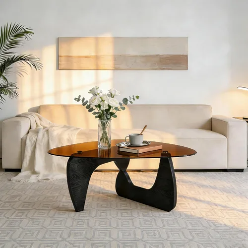 Vista 5 de Mesa de centro pequeña, mesa de centro negra moderna de mediados de siglo para sala de estar, mesas centrales abstractas con parte superior