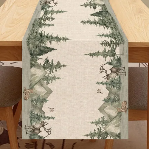 Vista 6 de Seliem Camino de mesa de bosque invernal con renos y pinos, decoración de Navidad con alces acuarela gorrión para la cocina del hogar, decoración