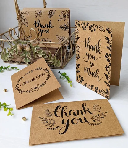 Vista 4 de 150 tarjetas de agradecimiento con sobres y calcomanías de papel kraft marrón a juego, 10 diseños elegantes de papel kraft a granel, notas en blanco