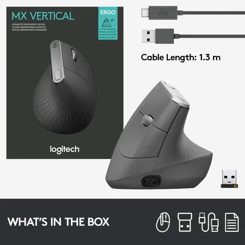 Vista 9 de Logitech MX - mouse inalámbrico vertical – diseño ergonómico avanzado que reduce la tensión muscular, controla y mueve contenido entre 3