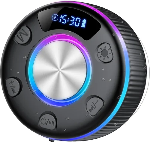 Vista 9 de Altavoz de ducha Bluetooth, IP7 impermeable, portátil, Bluetooth 5.3 con ventosa, mini altavoz inalámbrico con luces RGB, pantalla de tiempo, sonido