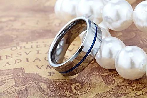 Vista 3 de Tusen Jewelry, anillo de boda con delgada línea azul chapado en carburo de tungsteno.