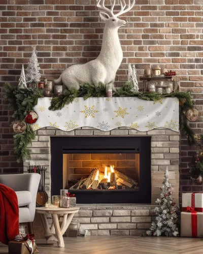 Vista 2 de Funda para bufanda de chimenea con diseño de copo de nieve dorado, para Navidad, Halloween, Acción de Gracias, otoño, decoración de interiores