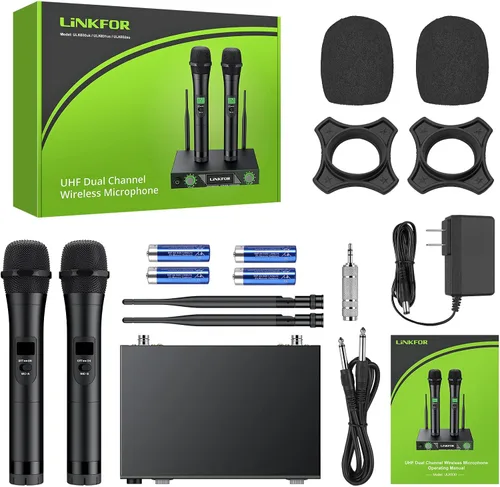 Vista 7 de LiNKFOR Micrófono inalámbrico, sistema de micrófono de karaoke inalámbrico UHF, micrófono inalámbrico dual profesional de 196 pies, rango