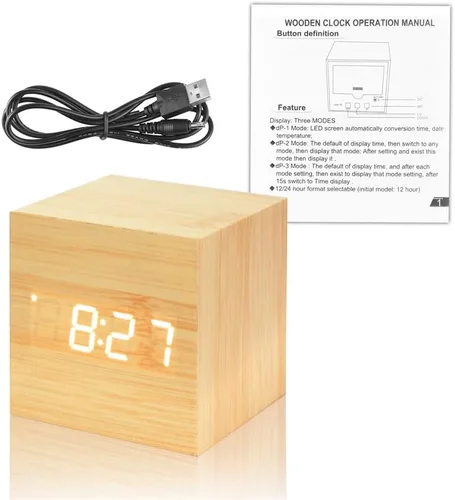 Vista 4 de ThreeH Reloj despertador digital de madera, reloj pequeño con pantalla LED de calendario de temperatura, control de sonido, modo de repetición