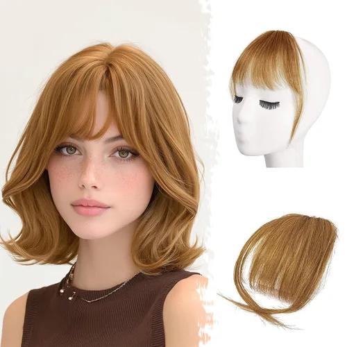 Vista 23 de BARSDAR Flequillo postizo de pelo humano real - Flequillo postizo 100% pelo humano para mujeres - Extensiones de flequillo ondulado castaño rojizo