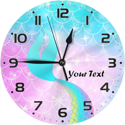 Vista 10 de Reloj de pared personalizado con escamas de sirena coloridas y estrellas de mar para habitación de niños, reloj de pared personalizado con nombre